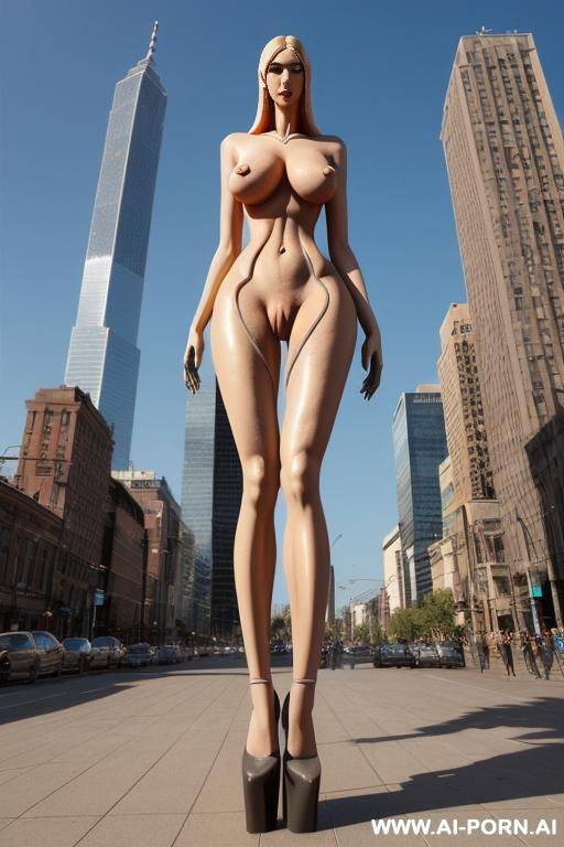 full body view of a tall, slender giantess taller than a city. (((she has a massive, long, gigantic penis extruding from her clitoris))) - #main
