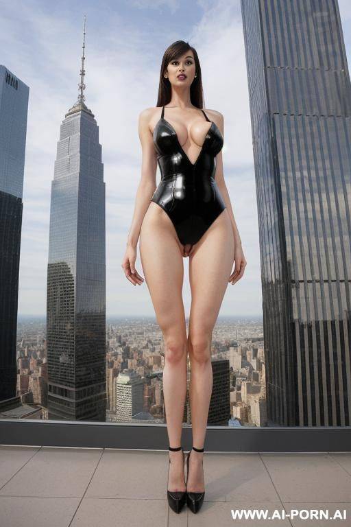 full body view of a tall, slender giantess taller than a city. (((she has a huge penis in the middle of her legs))) - #main