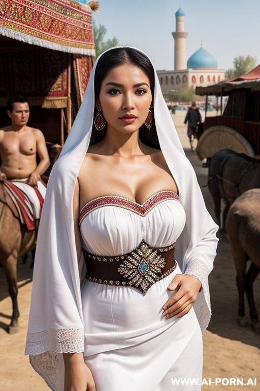 magazine cover: realistic, uzbek historical attractions, monuments, trade caravan and eastern market background. - #main