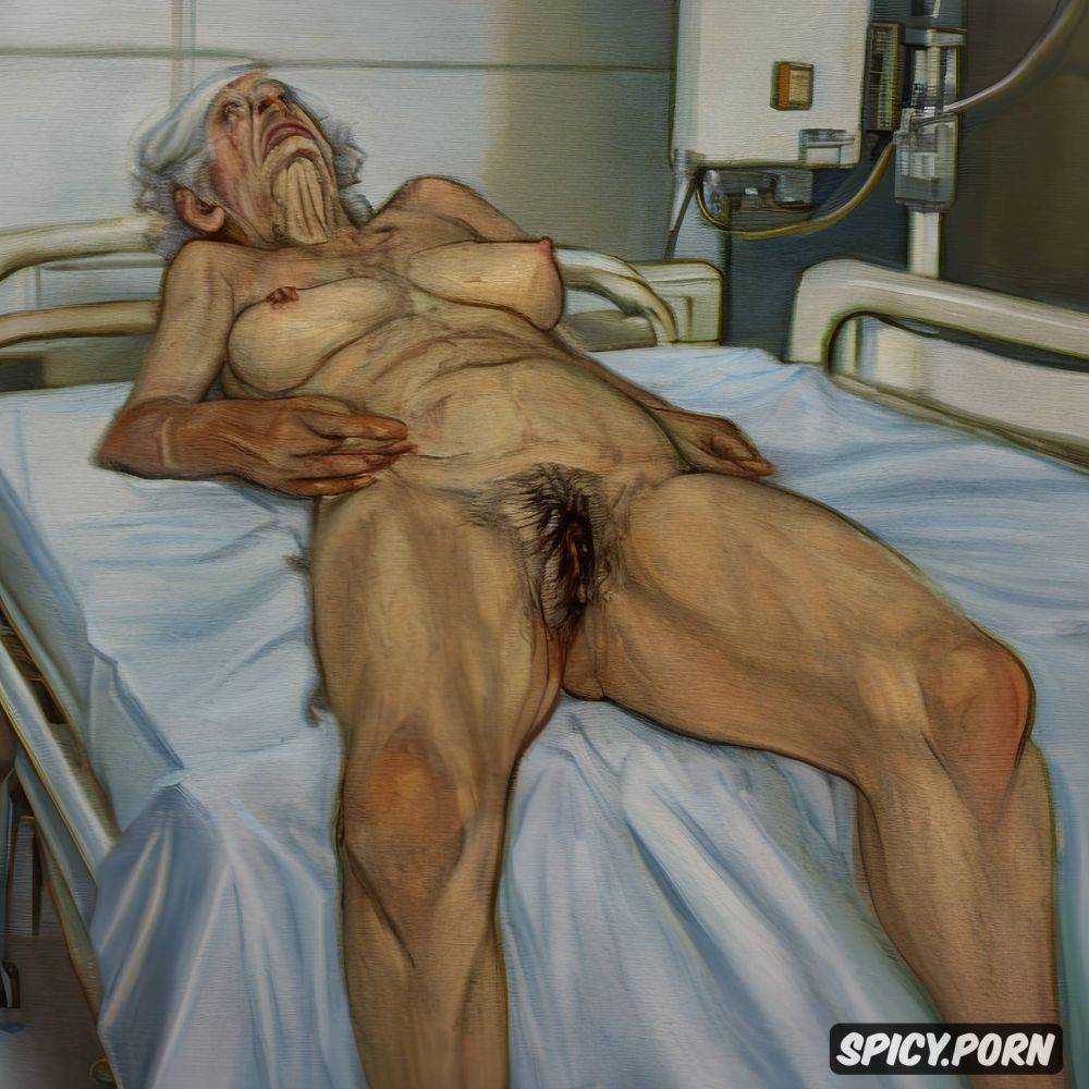 hyper realistic, spreading thin pale old legs on hospital bed - #main
