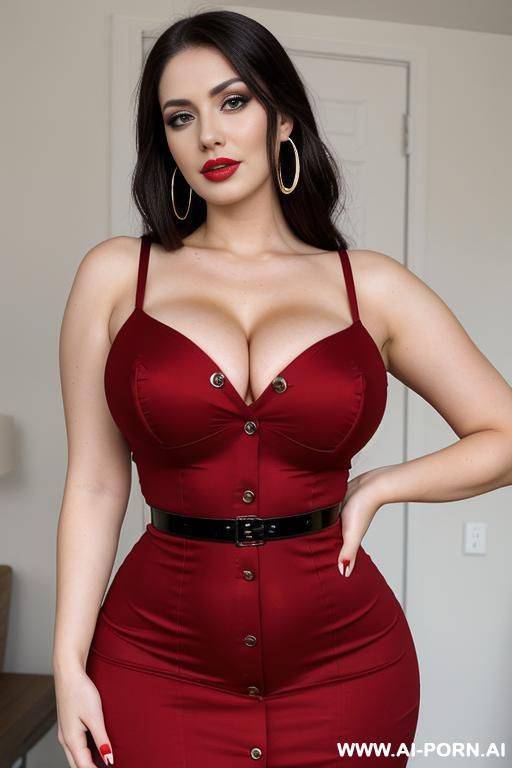 red dress, round boobs, extremely pretty, model, full lips, button nose, eye contact, ahegao, hoop earrings, styled hair, tight waist, hourglass figure - #main