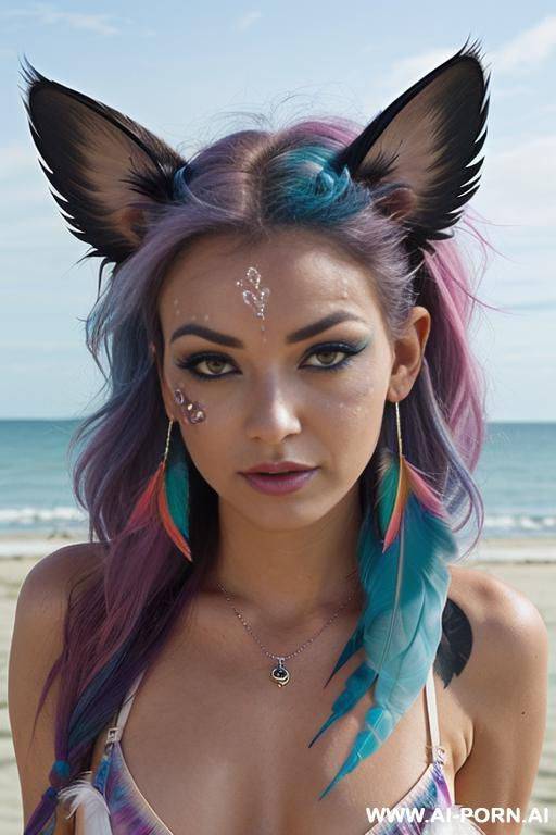 face, sexy, beautiful, ((face painting)), ((bikini as seashell)), ((tattoo roses)), ((eyes shw)), ((angel wings)), ((rainbow hair)), ((long bu hair)), ((wind)), (( cat face)), (( cat ears)), (((feather - #main