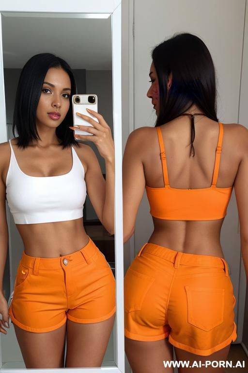 woman selfie in mirror. white crop top, orange short bottoms hot pants - #main