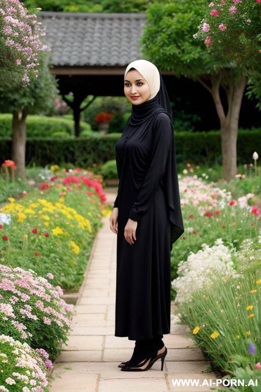 hijab woman standing on front of flowers garden - #main