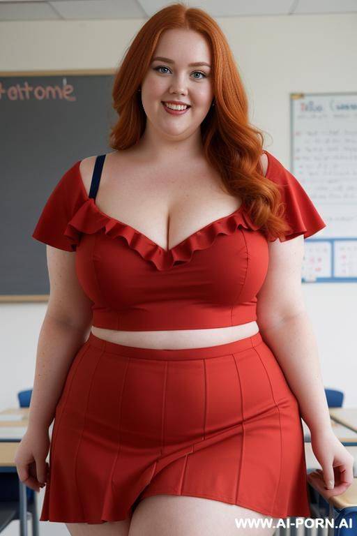 close up half body photo shot, about at classroom, chubby (very obese) redhead fat bbw curvy teacher, wearing a sexy and hot micro red ruffle skirt, and elegant top, teaching to the classroom. ((dynamic angle)). wearing heels - #main