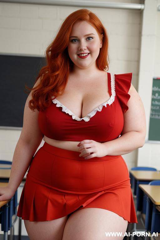 close up half body photo shot, about at classroom, chubby (very obese) redhead fat bbw curvy teacher, wearing a sexy and hot micro red ruffle skirt, and elegant top, teaching to the classroom. ((dynamic angle)) - #main
