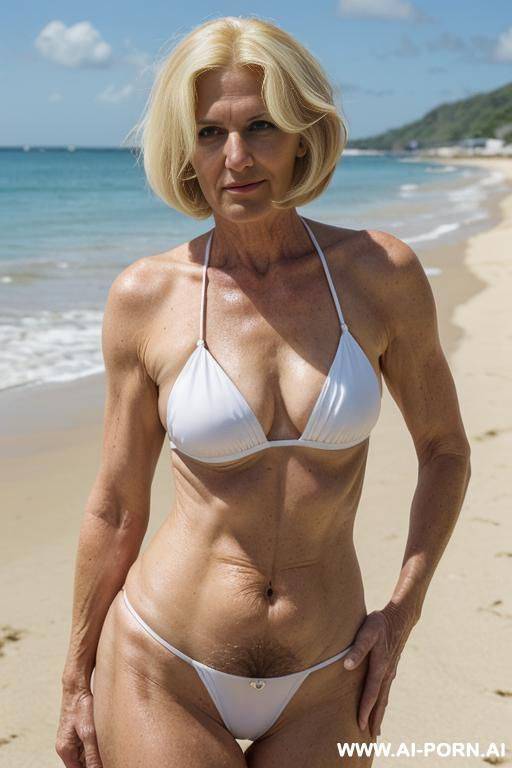 granny mature woman wearing a white bikini, hairy pussy, (hairy armpits), very hairy pussy ((really hairy)), (((wide hip))) - #main