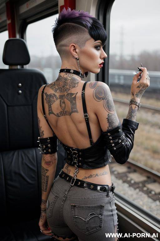 showing off her perfect ass, view from below, close-up, goth, grey hair, bangs, piercings, dark clothes, punk clothes, old woman - #main