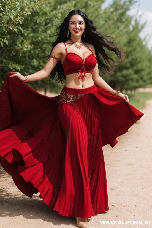 gorgeous gipsy woman with very long dark hair dancing and smilling wit a long red skirt and full of ery - #main