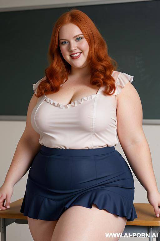 close up full body photo shot, about at classroom, chubby very obese redhead fat bbw curvy teacher, wearing a sexy and hot micro ruffle skirt, and elegant top, teaching to the classroom. - #main