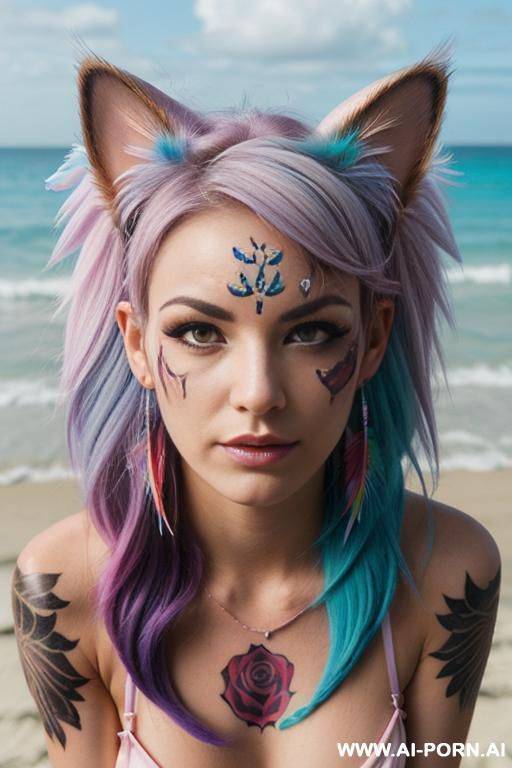 face, sexy, beautiful, ((face painting)), ((bikini as seashell)), ((tattoo roses)), ((eyes shw)), ((angel wings)), ((rainbow hair)), ((long bu hair)), ((wind)), (( cat face)), (( cat ears)), (((feather - #main