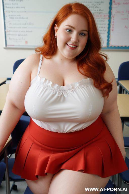 close up half body photo shot, about at classroom, chubby ((very obese)) redhead fat bbw curvy teacher, wearing a sexy and hot micro red ruffle skirt, and elegant top, teaching to the classroom. ((dynamic angle)). wearing heels - #main