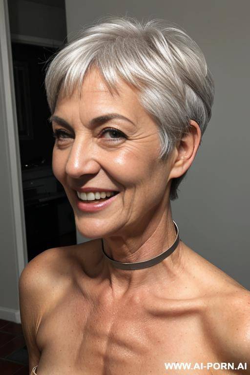 matured old gilf, wrinkles, wrinkled skin, aging marks, naked, short hair, full body, natural body, pixie cut, matured old gilf, wrinkled skin, bare breast, normal body, standing tall, full naked standing, head to toe picture, spike collar - #main