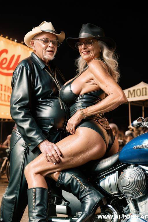 ((((full shot)))) ((((next two oldmen )))) , at dusk at the outdoor motorcycle coustom festival , from behind pretty italian woman on stage sitting leaning on motorcycle coustom close up around - #main