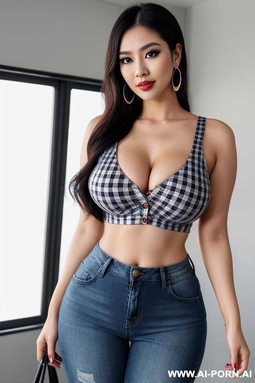 checkered shirt, short jeans, sexy pose, round boobs, extremely pretty, full lips, button nose, eye contact, ahegao, big earrings, styled hair, tight waist, hourglass figure - #main