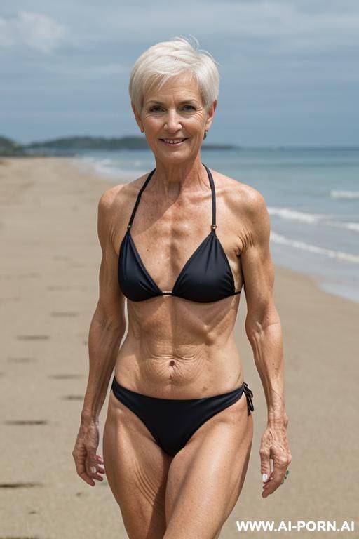 short hair, pixie hair, full body, on the beach, slut, gilf, wrinkles, micro bikini, age marks, full standing, sling bikini, water shoes, sporty bikini, tan lines - #main