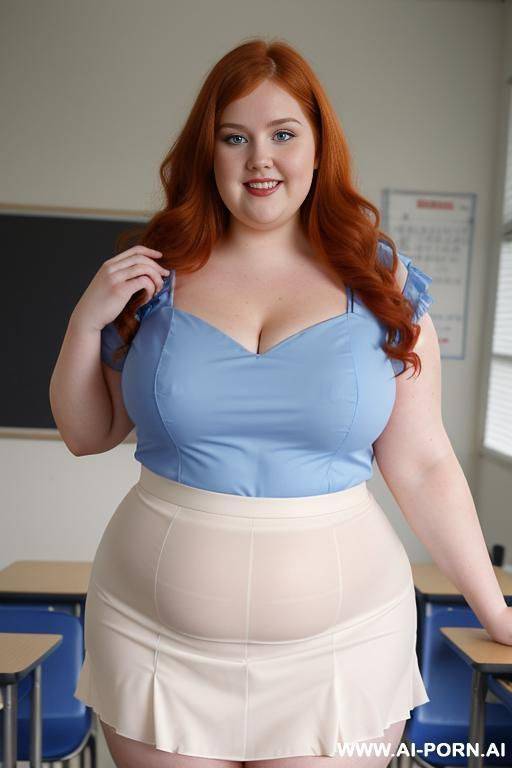 close up full body photo shot, about at classroom, chubby ((very obese)) redhead fat bbw curvy teacher, wearing a sexy and hot micro ruffle skirt, and elegant top, teaching to the classroom. - #main