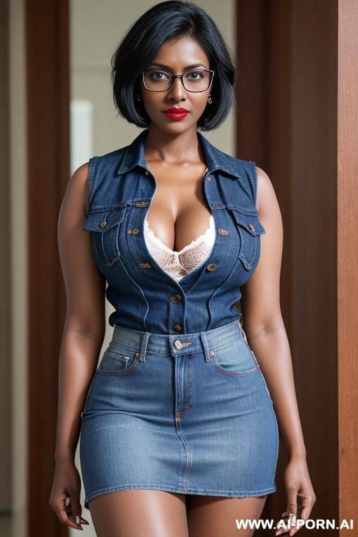 indian woman, short bob hair, red lips, wearing glasses, big breasts, dark skin, denim vest with cleavage, showing breasts, wearing a short blue denim skirt, showing vagina, opening vagina, seeing vagina, - #main