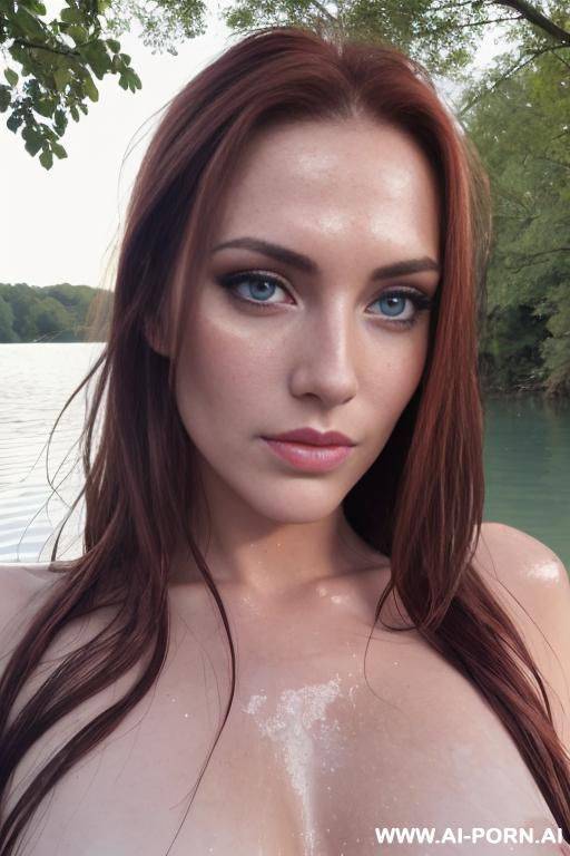 woman, in a lake, half submerged, shoulders sticking out of the water, wet slicked hair, bright blue eyes, pallid white skin, wet skin, wet hair, dirty blonde hair, pulled back wet hair, - #main