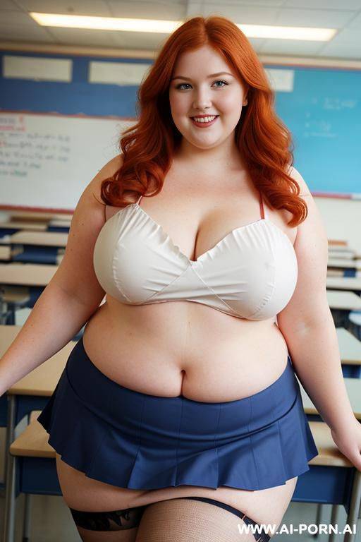 close up half body photo shot, about at classroom, chubby (very obese) redhead fat bbw curvy teacher, wearing a sexy and hot micro red ruffle skirt, and elegant top, teaching to the classroom. ((dynamic angle)) - #main