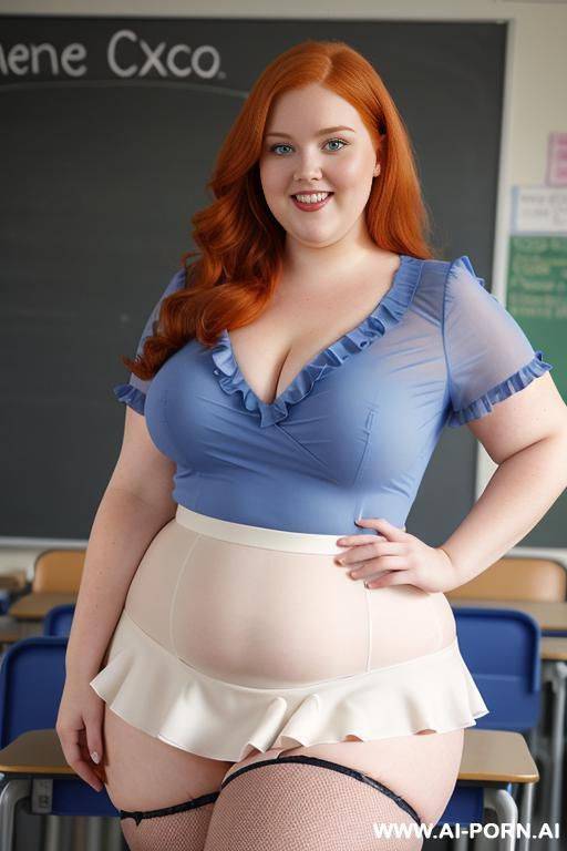 close up full body photo shot, about at classroom, chubby very obese redhead fat bbw curvy teacher, wearing a sexy and hot micro ruffle skirt, and elegant top, teaching to the classroom. - #main
