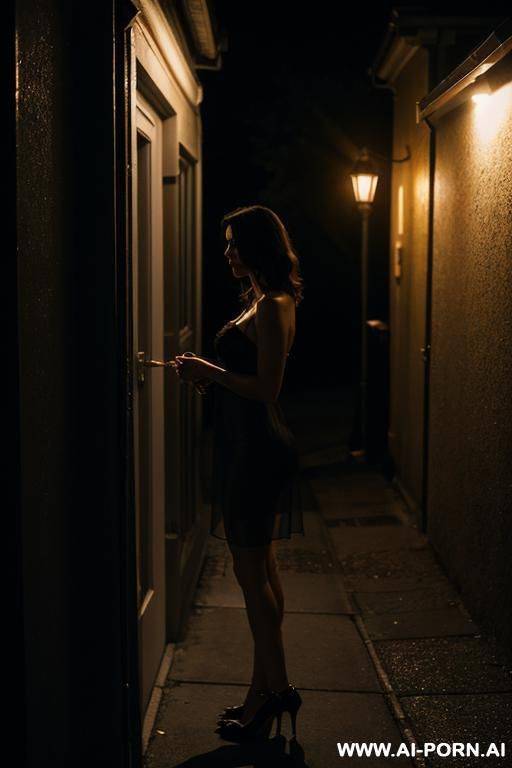 night, darkness, a man stands on the street at the window of the house and peeps at how a woman changes into a nightie for sleep, view from the street - #main