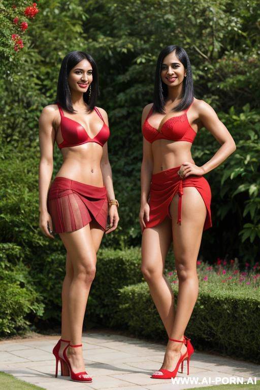 two indian women, short hair, fit, abs, muscular arms, big ass, tall, long legs, navel piercing, red bra, red pleat skirt, looking at camera, full body, stiletto, in garden - #main