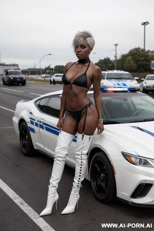 a naked dark-skinned muscular policewoman with short white hair, a body covered in vulgar inscriptions and sprayed with white liquid in a collar, lies in tears with a lost look in full growth - #main
