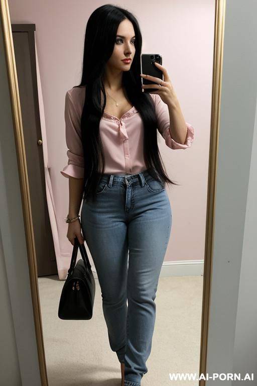 woman long hair pink blouse jogger jeans selfie photo in the mirror full body - #main