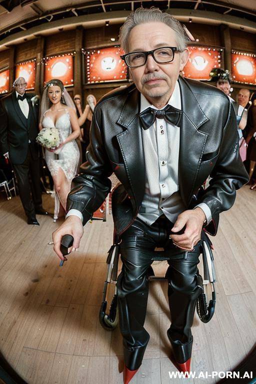 ((((view fish eye lens view)))) ((((husband oldman in a wheelchair )))) at de wedding celebration voluptuosus italian wife lot leather jacket men looks at her close up around spilling beer and - #main