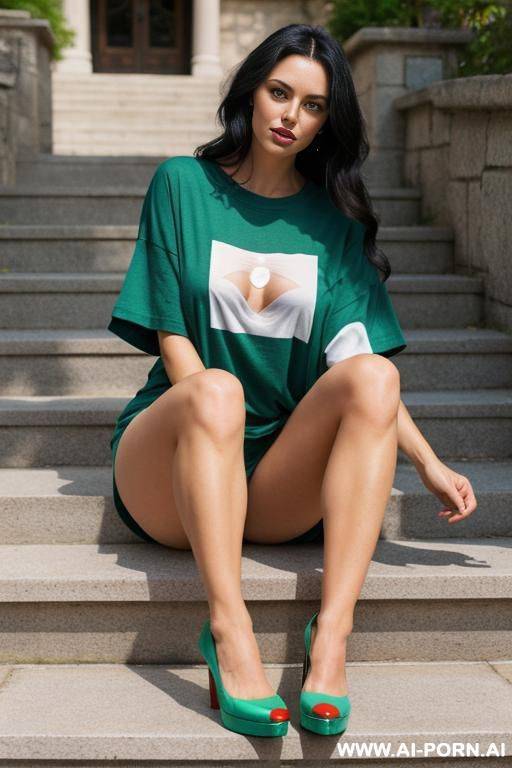 (((full length photo))), (long dark hair), (most beautiful women in the world), (athletic body), 2, dark hair, photorealistic image of a seductive woman sitting on stone steps showing her pussy, - #main