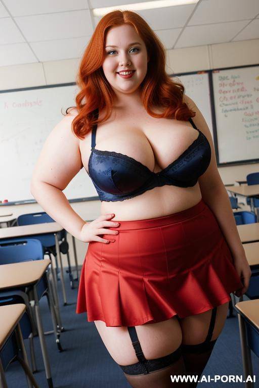 half body photo shot, about at classroom, chubby ((very obese)) redhead fat bbw curvy teacher, wearing a sexy and hot micro red ruffle skirt, and stocking garter belt lingeries, teaching to the classroom. ((dynamic angle)) - #main