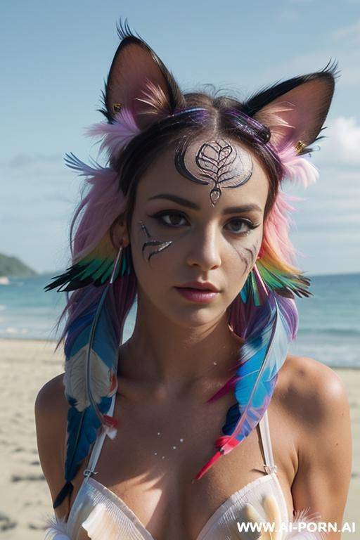 face, sexy, beautiful, ((face painting)), ((bikini as seashell)), ((tattoo roses)), ((eyes shw)), ((angel wings)), ((rainbow hair)), ((long bu hair)), ((wind)), (( cat face)), (( cat ears)), (((feather - #main
