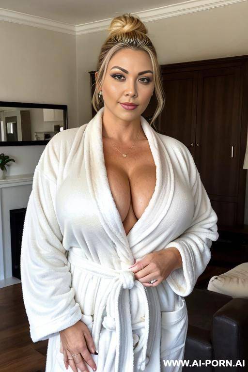 rich mom, gigantic round tits, perfect voluptuous body, teapered waist, wide hips, big doe eyes, bitch bimbo, wearing bathrobe, standing in rich living room, early morning, ((keep face)), ((keep body)), - #main