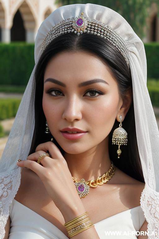showing very beautiful perfect pussy, sexy pose. national head ornaments. ring. bracelet. earrings. chain. national historical clothes. uzbek historical buildings and minarets, garden. flower. - #main