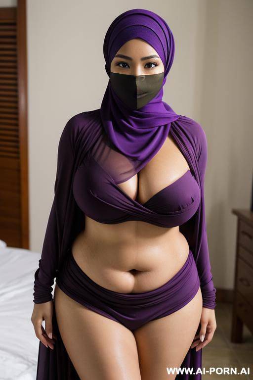 milf, voluptuous body figure, indonesian, sunda ethnicity, light olive skin, mask, wearing mask, long hijab, wearing stylish long hijab, natural massive saggy breast. purple color. - #main