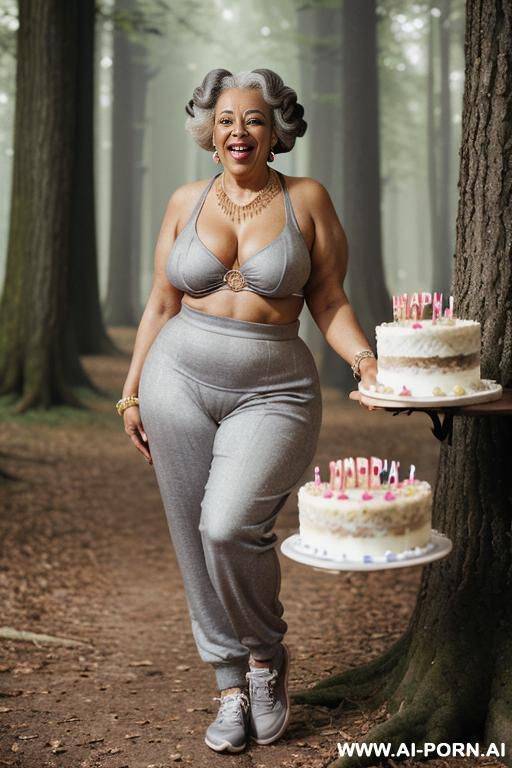 hyperrealistic portrait photo of an (elderly:1.3), mulatto, naked, eled necklace, palace (curvy:1.3), grey hair, (glamourous hairstyle:1.3), photo, portrait photo, hoop earrings, (birthday cake:1.3) - #main