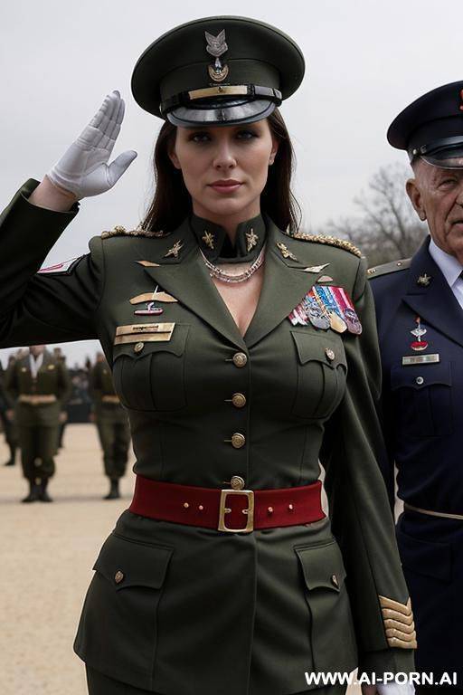 military parade, topless, military dress uniform, showing boobs, military necklace, showing nipples, military salute, surrounded by old men - #main