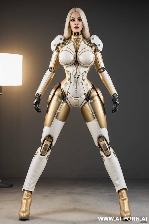 beautiful realistic taur-women cyborg robot, detaleid face, latex skin white and gold color, big boobs and boots, hd image quality. - #main