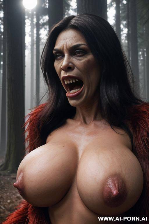 big fantasy male monster (extraterrestrial creature), male-has-huge-erect-reproductive-organs, monster excited by sight of naked amateur country mature woman (really commoner, without makeup), monster-biting - #main