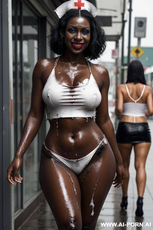 ebony women, soaking wet, oily, hardworking and torn damaged ripped clothes. wrinkled clothes, tattered clothes. oily shiny skin, wet oily women running in the pouring rain. heavy rain fall. - #main