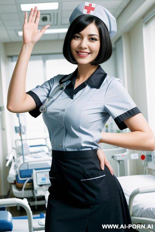 beautiful, sexy, nurse, black hair, bobcut, smiling, open mouth, waving, realistic, huge tits, in a hospital, nurse uniform, skirt, nurse hat, - #main