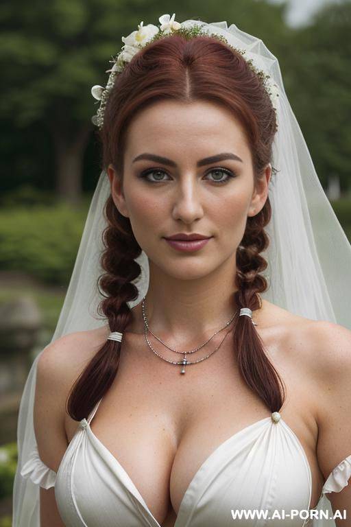 ((high quality)) ((depth of field)) ((seductive smirk)) ((amazing boobs)) ((natural plump breasts)) ((elegant necklace)) ((light tan)) ((overcast day)) ((even lighting)) ((flirtatious)) ((wide hips)) ((wedding veil)) ((sexy bride)) - #main