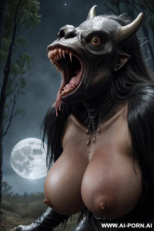 night, big fantasy male monster (extraterrestrial creature), male has huge erect fantastic looking dick, monster excited by sight of naked woman (simple russian village woman from the outback), - #main