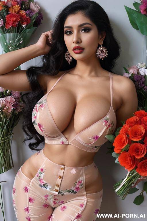 flowers, round boobs, extremely pretty, full lips, button nose, eye contact, ahegao, big earrings, styled hair, tight waist, hourglass figure, topless - #main