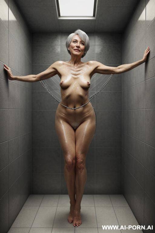 old lady, wrinkled skin, winked face, curvy hips, waist, pixie cut, standing in the shower, covered in water, vey wrinkly skin, down, oil on her body - #main