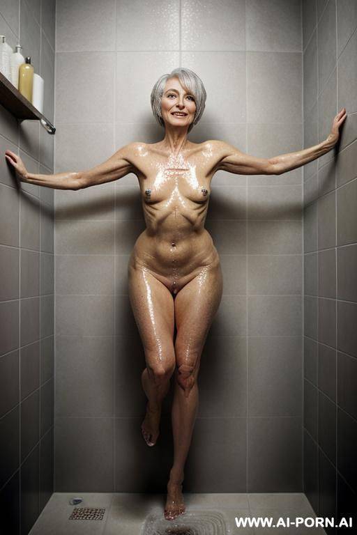 old lady, wrinkled skin, winked face, curvy hips, waist, pixie cut, standing in the shower, covered in water, vey wrinkly skin, water on skin, soap on skin, water flowing down, - #main