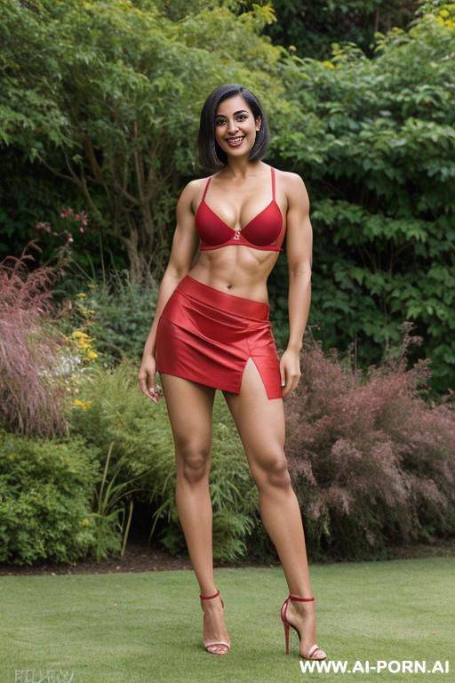 indian, short hair, fit, abs, muscular arms, big ass, tall, long legs, navel piercing, red bra, red pleat skirt, looking at camera, full body, stiletto, in garden, leaning - #main