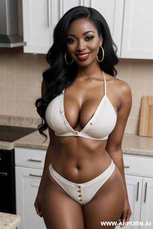housewife, kitchen, kneel, round boobs, extremely pretty, full lips, button nose, eye contact, smile, ahegao, hoop earrings, styled hair, tight waist, hourglass figure - #main