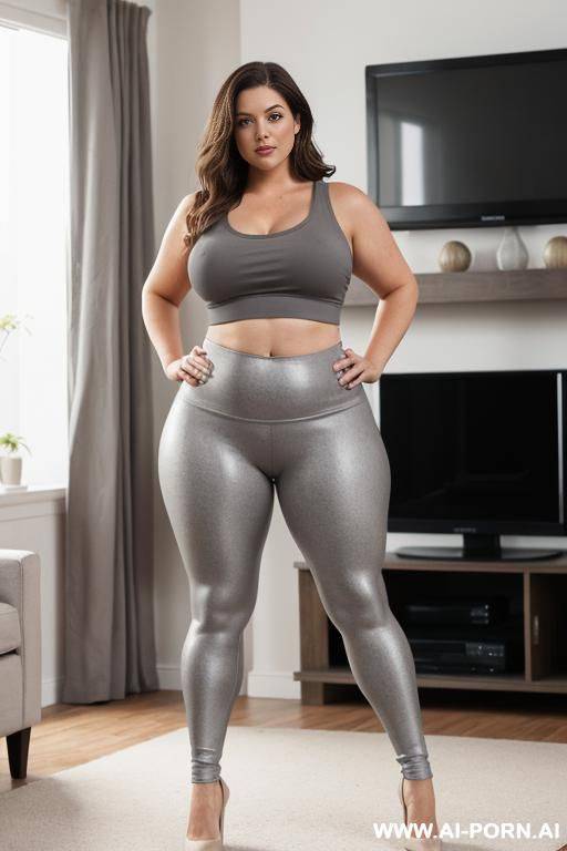 chubby white woman, full body, standing, longe brown hair, triangular hips, thick thighs, wearing grey leggings and tank top, living room in front of the television - #main